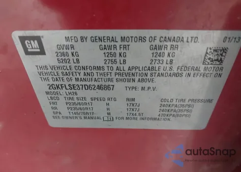 2013 GMC Terrain Sle-2 z USA, uszkodzony, nr VIN 2GKFLSE37D6246867